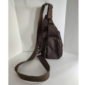 Maurices Brown Fabric Adjustable Strap Zip Close Sling Bag 12in X 6in X 3in